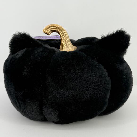 Halloween Faux Fur Black Gold Studs Cat Ears Plush Pumpkin 11" Thanksgiving Goth - Picture 4 of 6